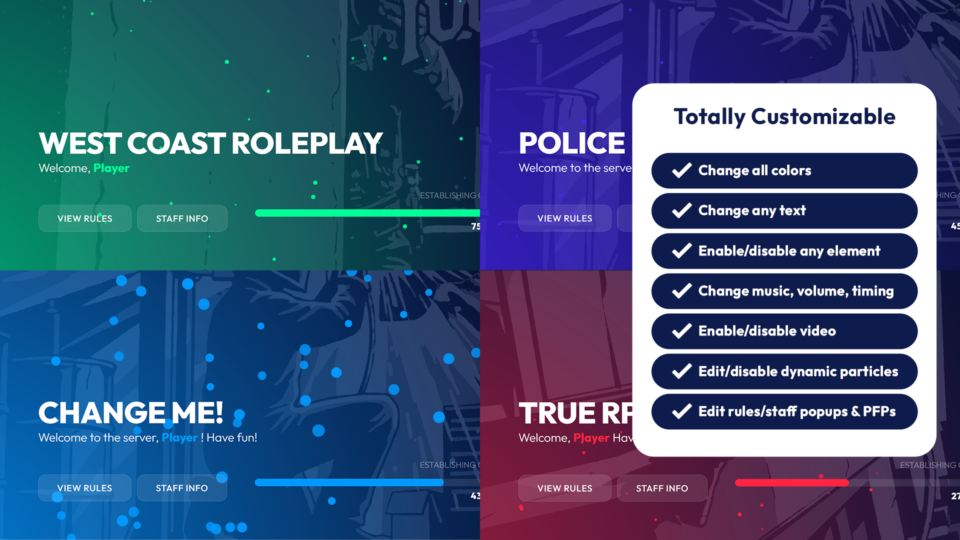 List of customizable settings for FiveM loading screen script, including options to change colors, text, video background, and audio.