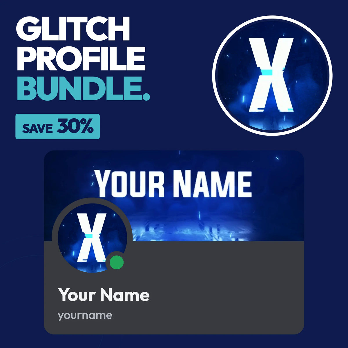 Glitch Discord Profile Bundle in Blue with a matching PFP & server icon and profile banner