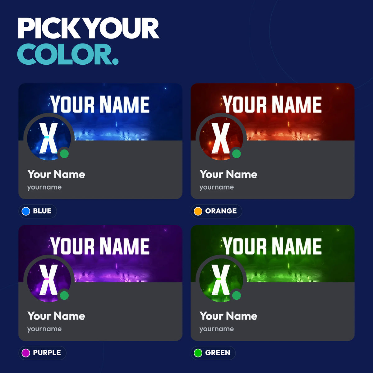 Glitch Discord bundle colors: Blue, Orange, Purple, and Green