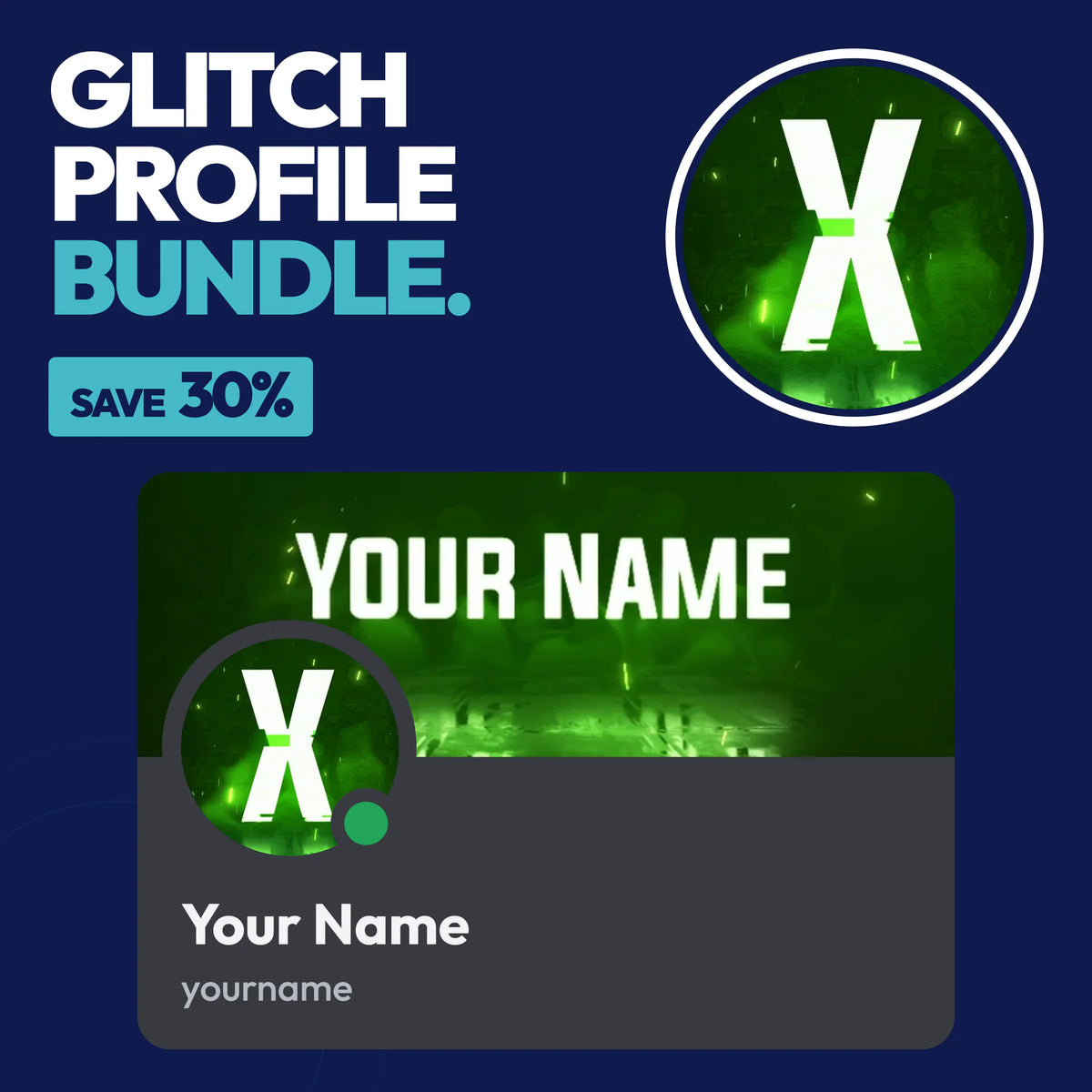 Glitch Discord Profile Bundle in Green with a matching PFP & server icon and profile banner