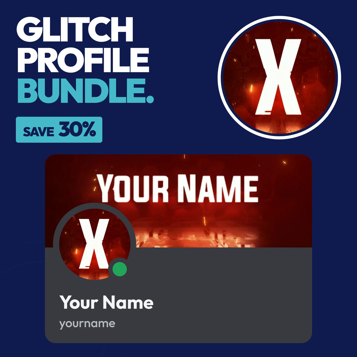 Glitch Discord Profile Bundle in Orange with a matching PFP & server icon and profile banner