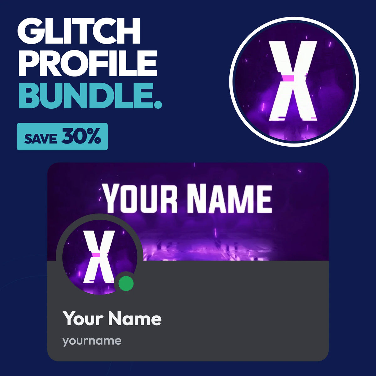 Glitch Discord Profile Bundle in Purple with a matching PFP & server icon and profile banner