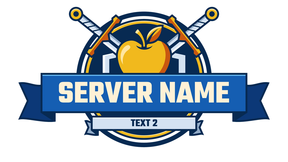 Golden Valor Minecraft server logo with a golden apple, gold sword pommels, and deep blue ribbon
