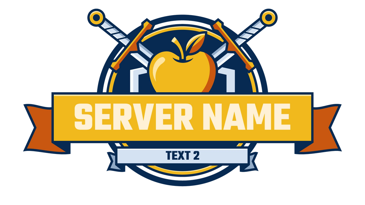 Golden Valor Minecraft server logo with golden apple, gold sword pommels, gold ribbon and cream server-name text