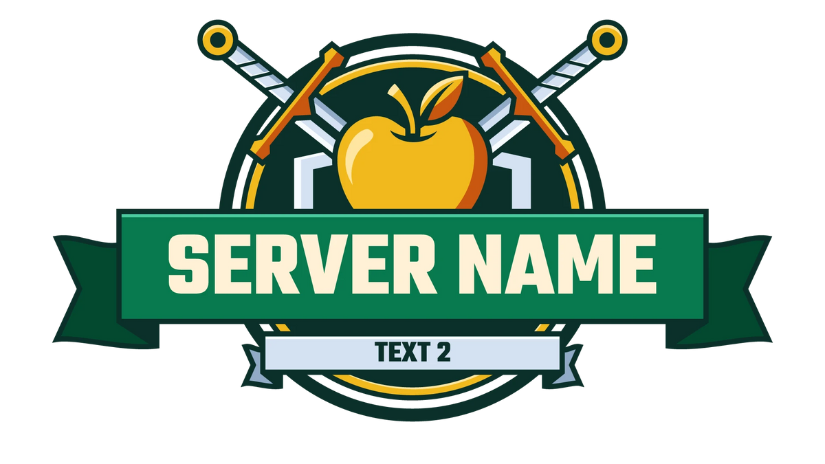 Golden Valor Minecraft server logo with a golden apple, gold sword pommels, and deep green ribbon