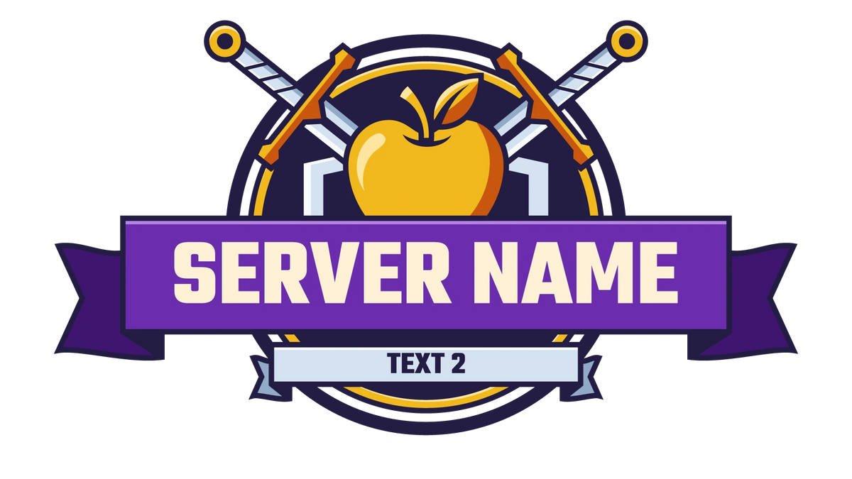 Golden Valor Minecraft server logo with a golden apple, gold sword pommels, and deep purple ribbon