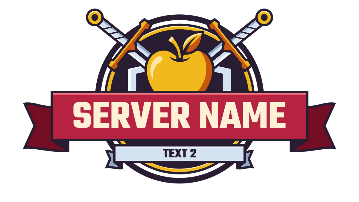 Golden Valor Minecraft server logo with a golden apple, gold sword pommels, and deep red ribbon