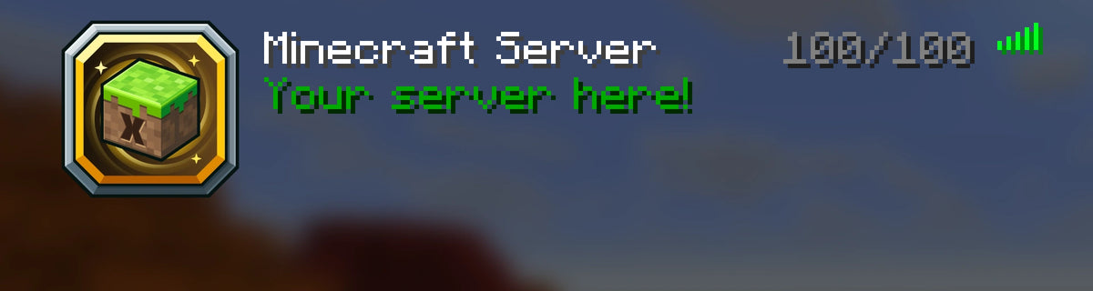 Gold Grass Block Server Icon shown in a Minecraft multiplayer server list with Your server here! message