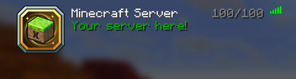Gold Grass Block Server Icon shown in a Minecraft multiplayer server list with Your server here! message