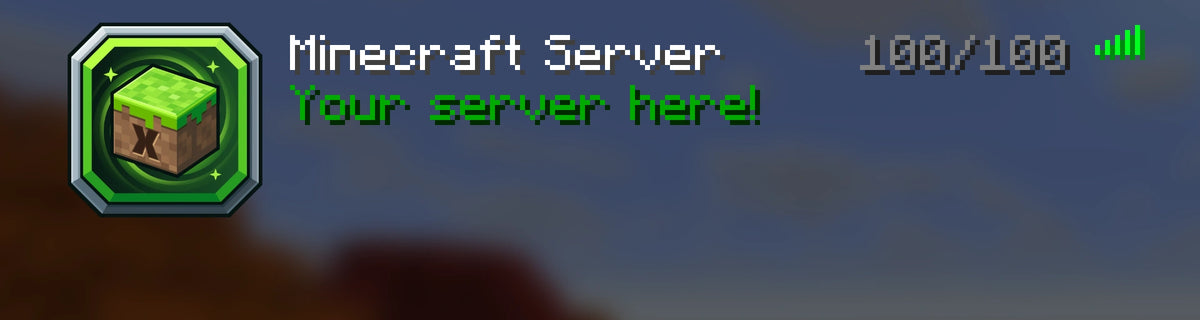 Green Grass Block Server Icon shown in a Minecraft multiplayer server list with Your server here! message