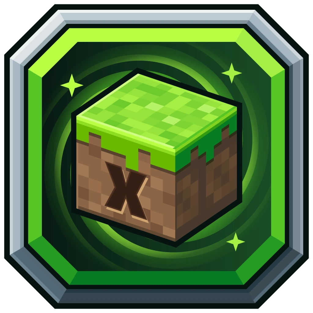 Grass Block Server Icon in green with custom X initial, grass block and four spiral arms
