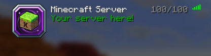 Purple Grass Block Server Icon shown in a Minecraft multiplayer server list with Your server here! message