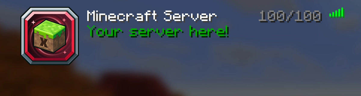 Red Grass Block Server Icon shown in a Minecraft multiplayer server list with Your server here! message