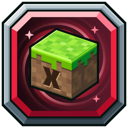 Grass Block Server Icon in red with custom X initial, grass block and four spiral arms