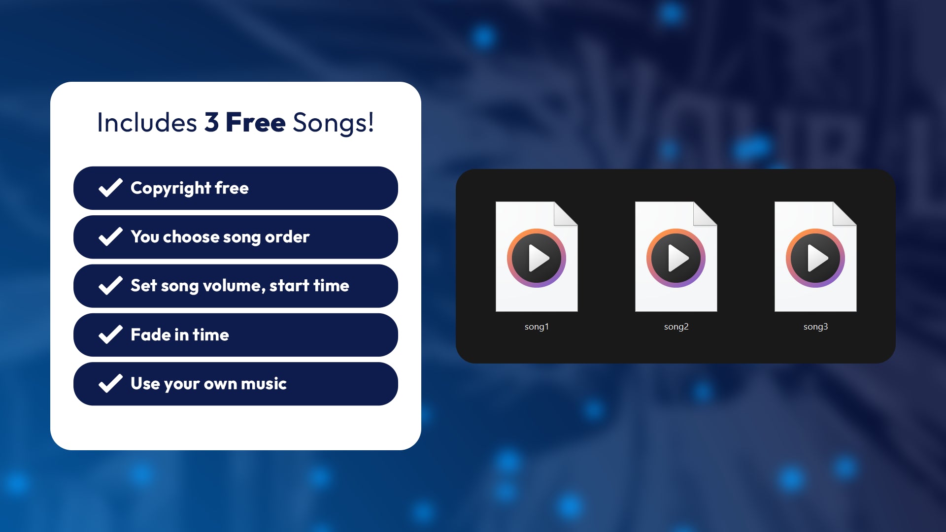 Background music settings for GTA 5 loading screen script, including volume control, song selection, and copyright-free tracks.