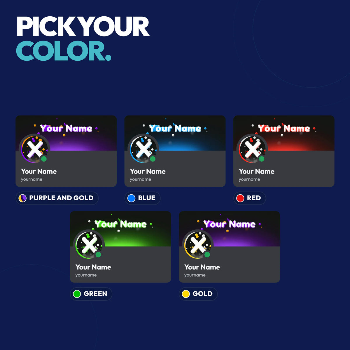 Kinetic Discord bundle colors: Purple and Gold, Blue, Red, Green, and Gold