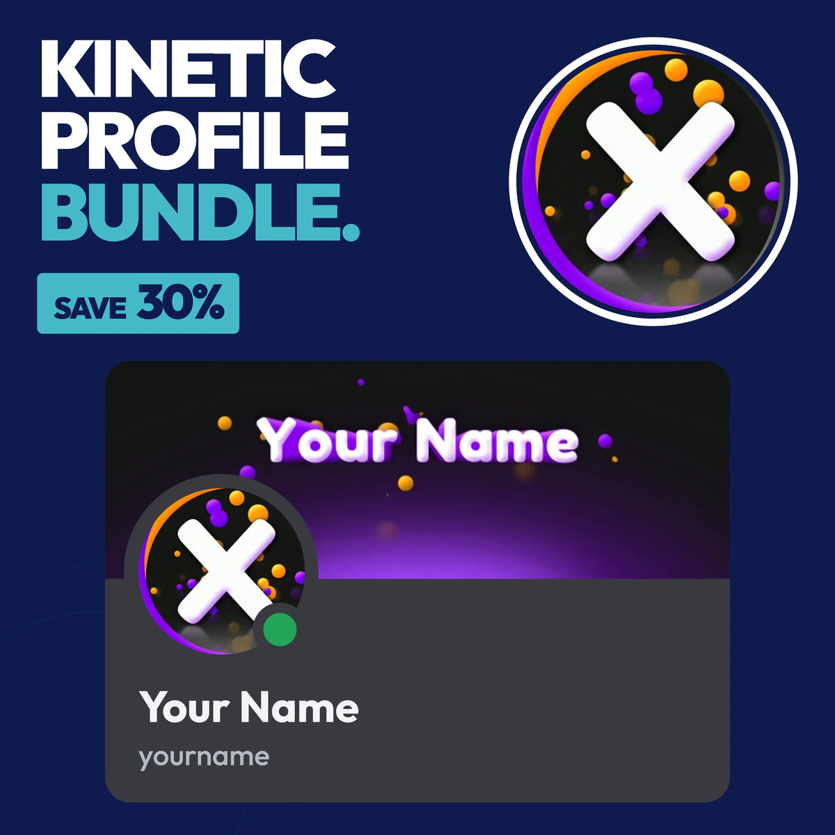 Kinetic Discord Profile Bundle in Purple and Gold with a matching PFP & server icon and profile banner