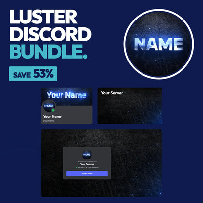 Luster Complete Discord Bundle in Blue with a matching PFP & server icon, profile banner, server banner, and invite background