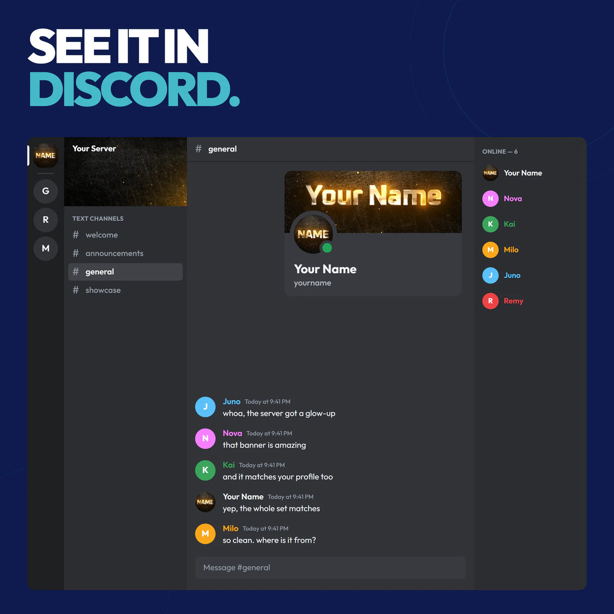 Luster Discord bundle shown in a Discord server with the matching server banner, server icon, and profile
