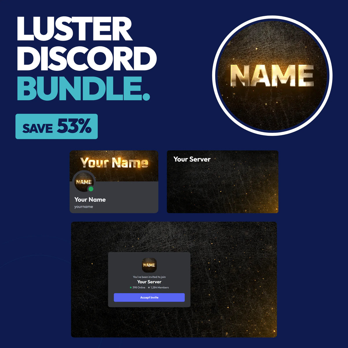Luster Complete Discord Bundle in Gold with a matching PFP & server icon, profile banner, server banner, and invite background