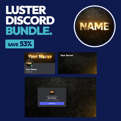 Luster Complete Discord Bundle in Gold with a matching PFP & server icon, profile banner, server banner, and invite background