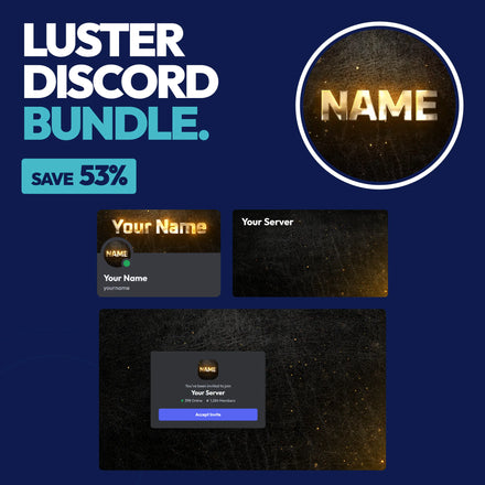 Luster Complete Discord Bundle in Gold with a matching PFP & server icon, profile banner, server banner, and invite background