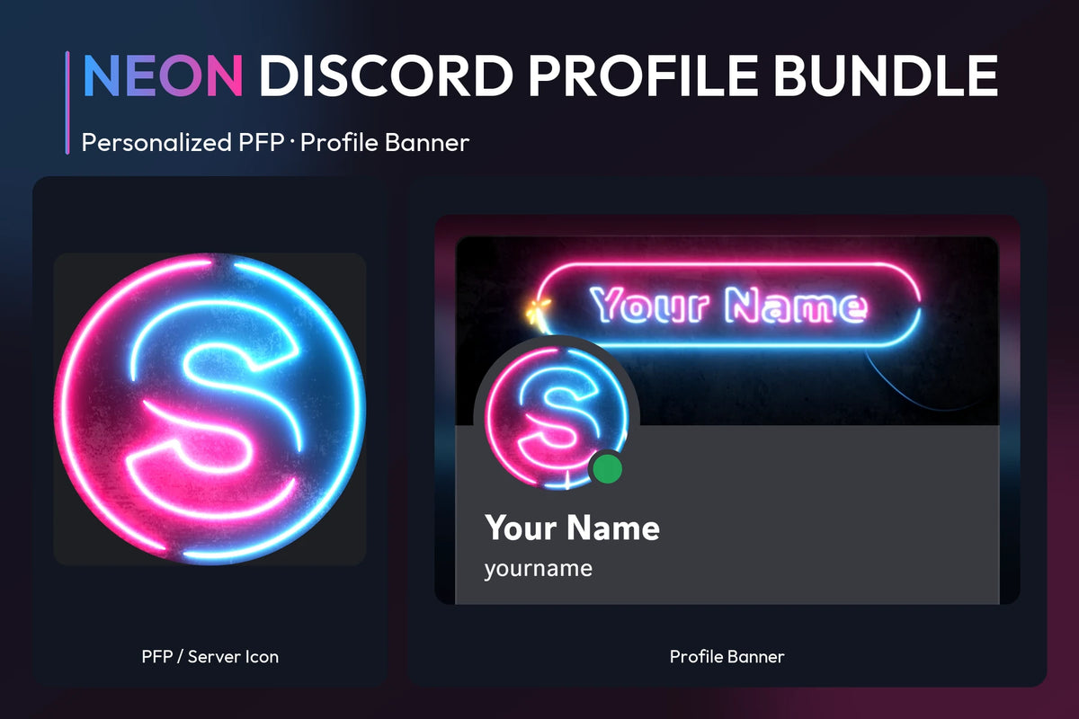 Neon Discord Profile Bundle with matching personalized PFP and server icon and profile banner