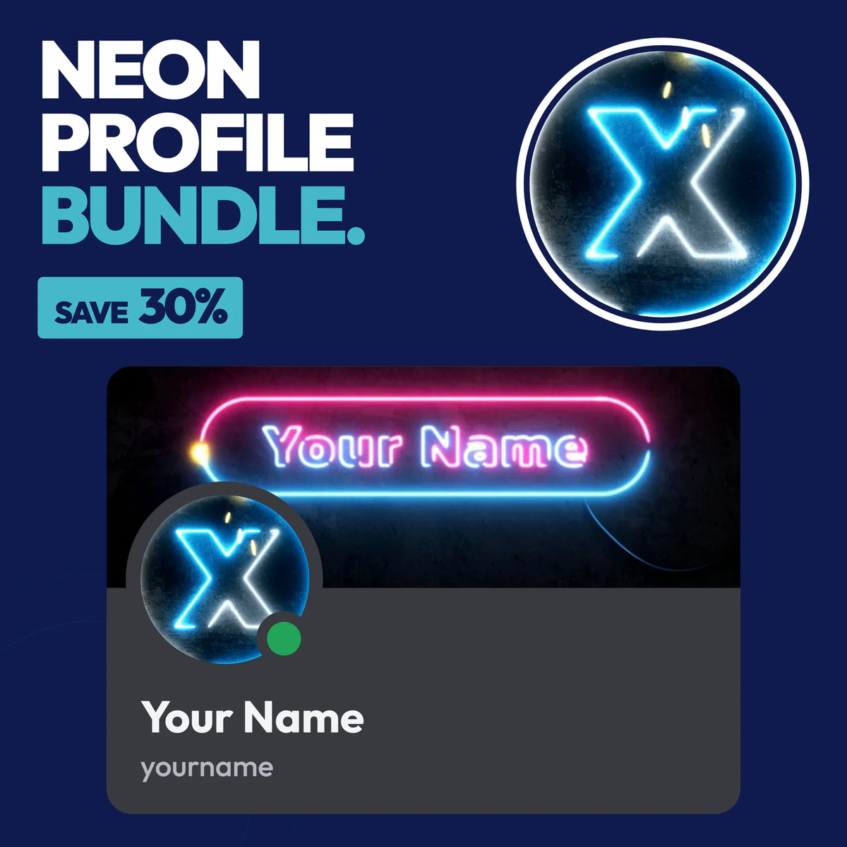 Neon Discord Profile Bundle in Blue with a matching PFP & server icon and profile banner