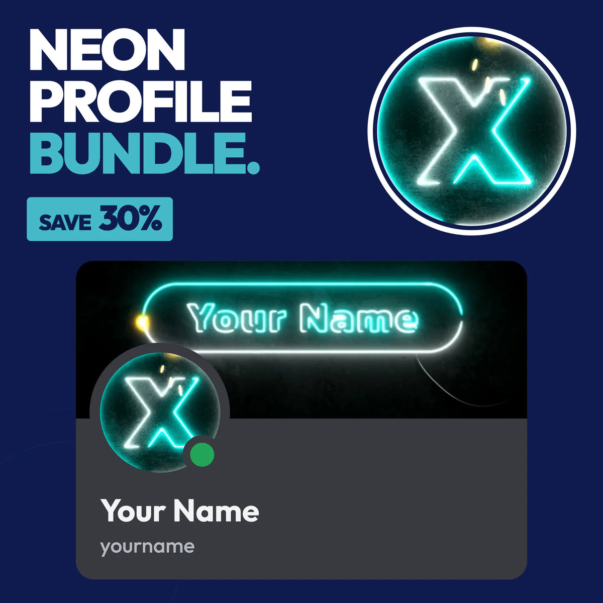 Neon Discord Profile Bundle in Cyan with a matching PFP & server icon and profile banner