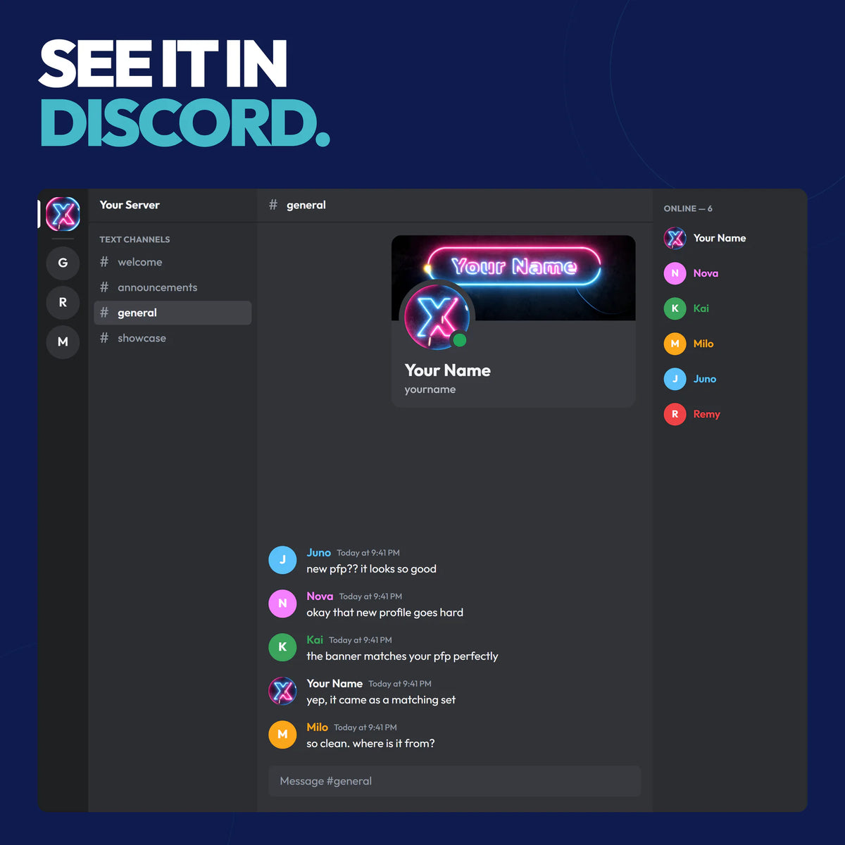 Neon Discord bundle shown in a Discord server with the matching server icon and profile