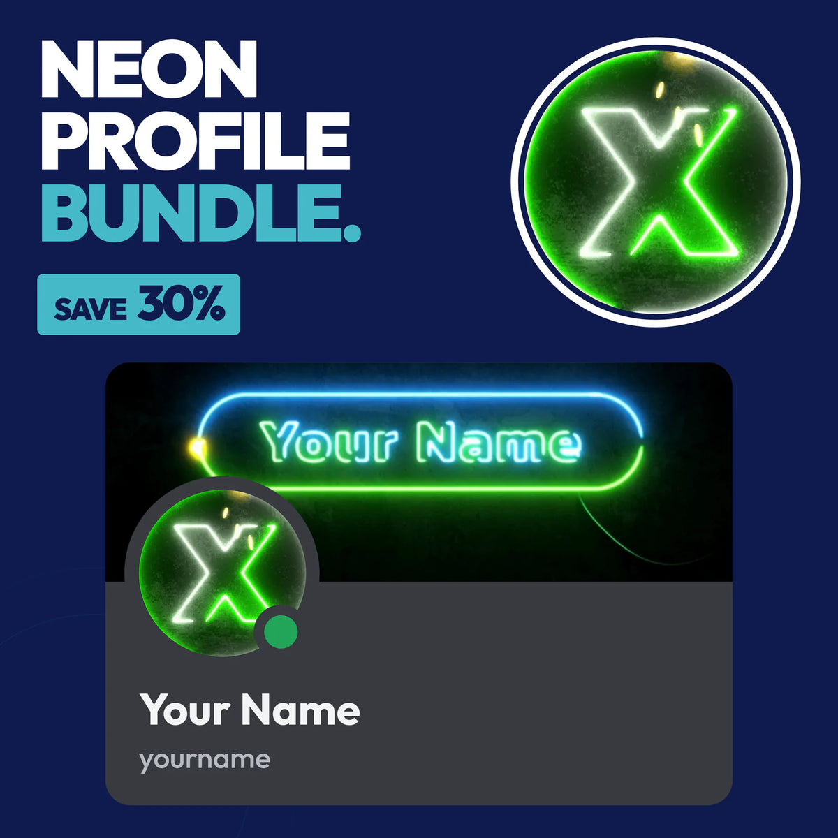 Neon Discord Profile Bundle in Green with a matching PFP & server icon and profile banner