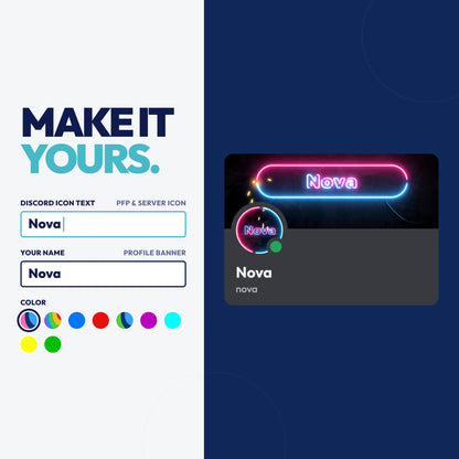 Personalize the Neon Discord bundle with your own text on the PFP & server icon and profile banner