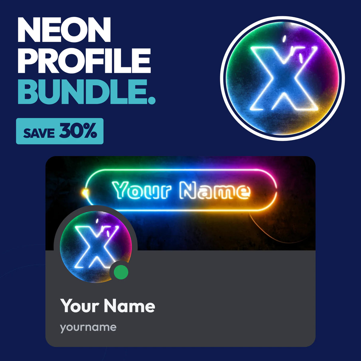 Neon Discord Profile Bundle in Rainbow with a matching PFP & server icon and profile banner