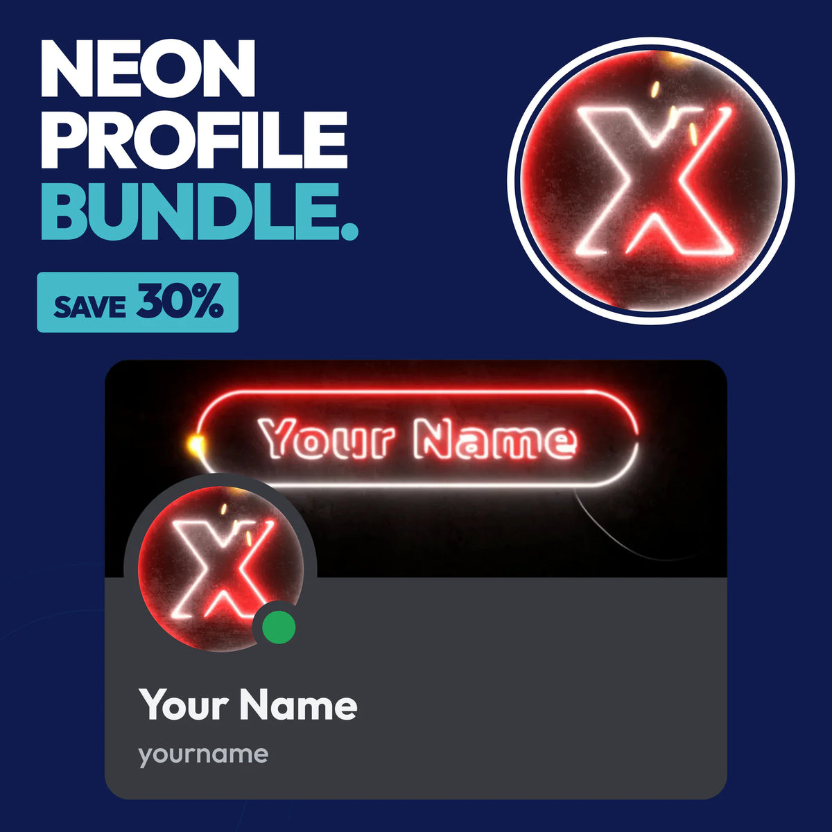 Neon Discord Profile Bundle in Red with a matching PFP & server icon and profile banner