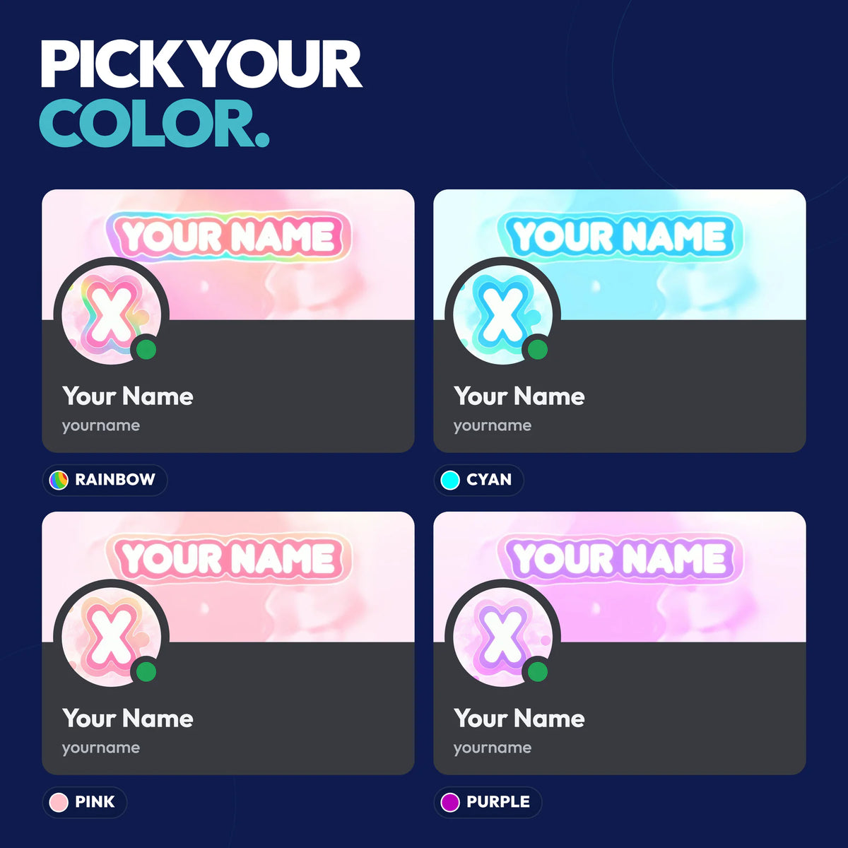 Pastel Discord bundle colors: Rainbow, Cyan, Pink, and Purple