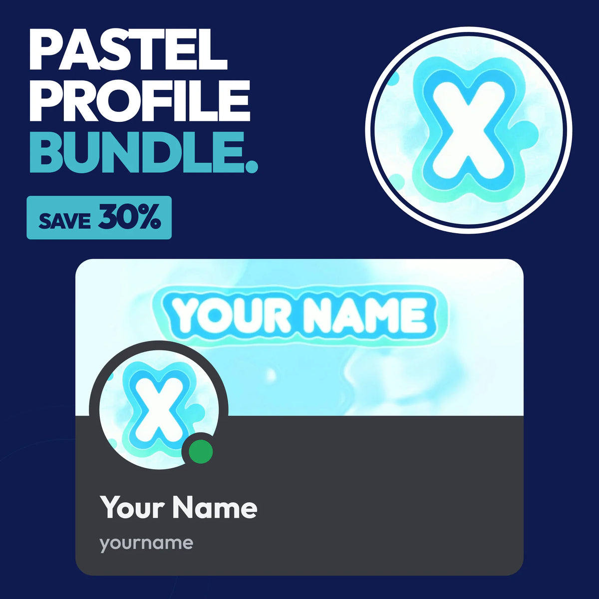 Pastel Discord Profile Bundle in Cyan with a matching PFP & server icon and profile banner