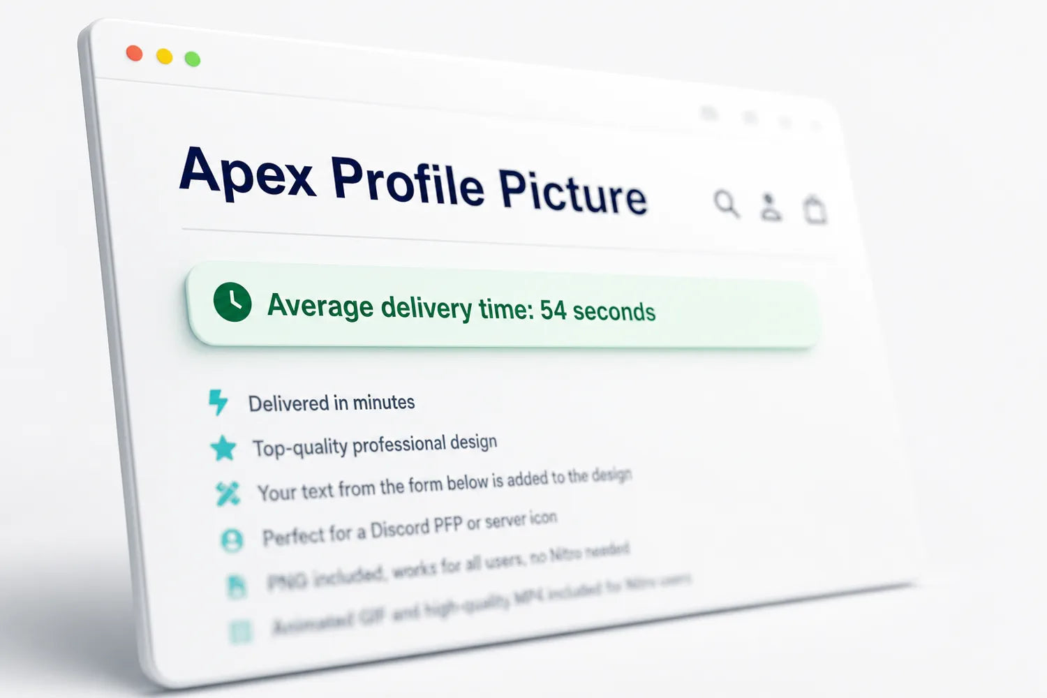 Vista previa de la página del producto en ángulo que destaca el tiempo de entrega promedio de 54 segundos para gráficos personalizados