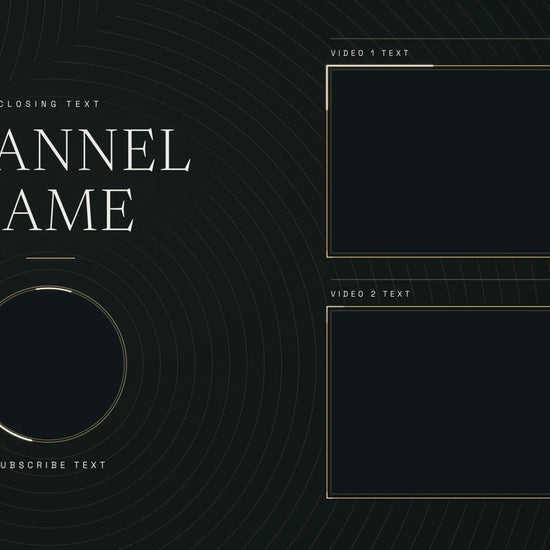 Continuum dark YouTube end screen animation with two video spaces and gold orbital details