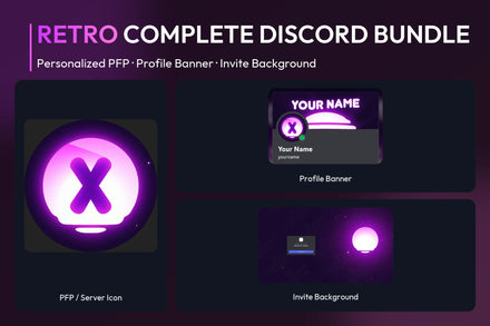 Retro Complete Discord Bundle with matching personalized PFP and server icon, profile banner and invite background