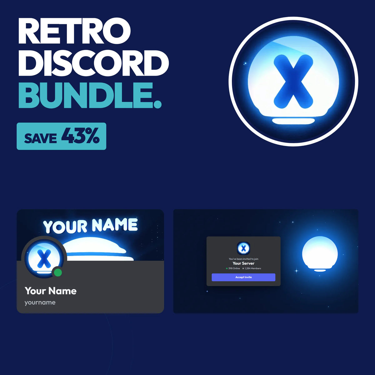 Retro Complete Discord Bundle in Blue with a matching PFP & server icon, profile banner, and invite background