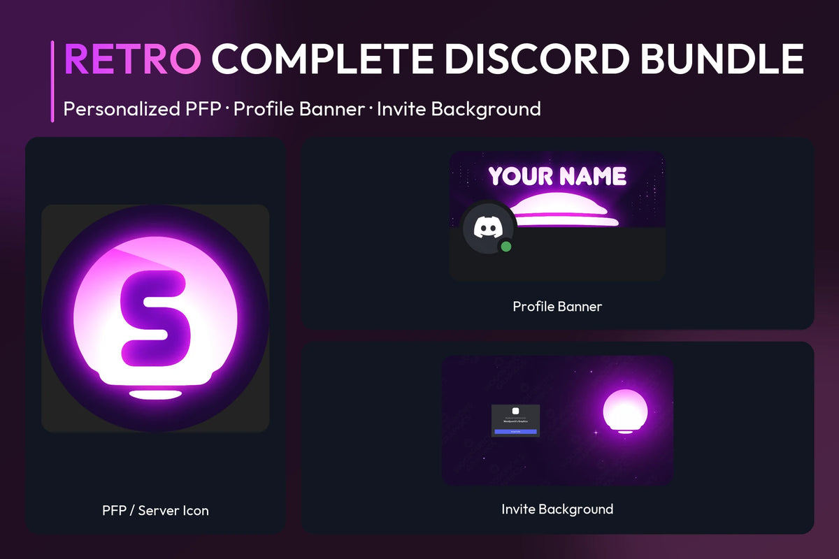 Retro Complete Discord Bundle with matching personalized PFP and server icon, profile banner and invite background