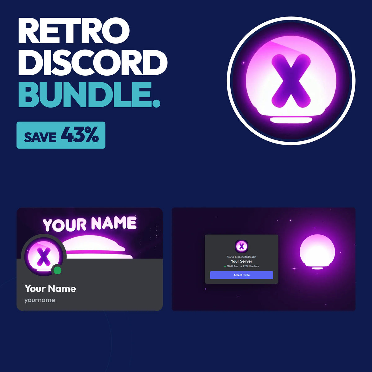 Retro Complete Discord Bundle in Purple with a matching PFP & server icon, profile banner, and invite background