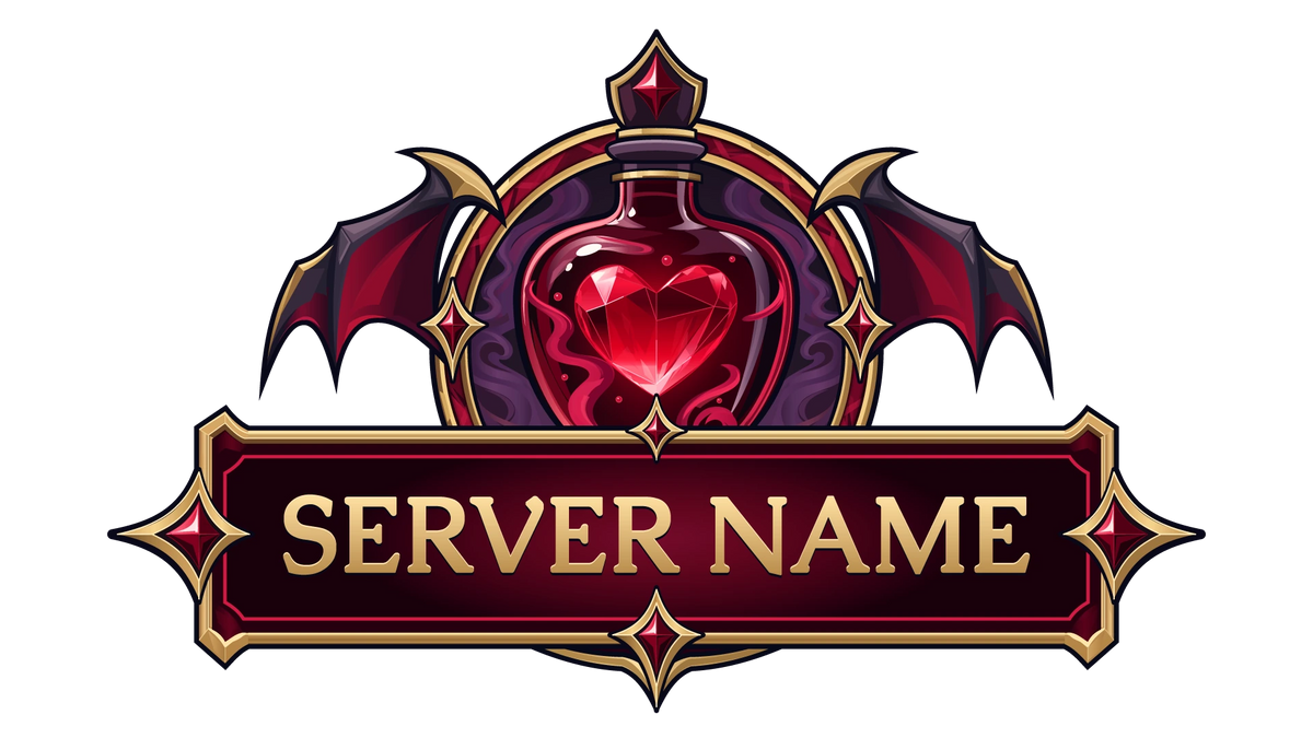 Scarlet Elixir Minecraft server logo with a ruby heart potion, burgundy bat wings, and gold Server Name lettering