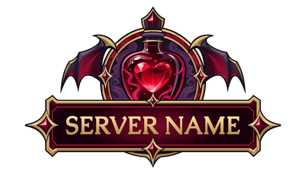 Scarlet Elixir Minecraft server logo with a ruby heart potion, burgundy bat wings, and gold Server Name lettering