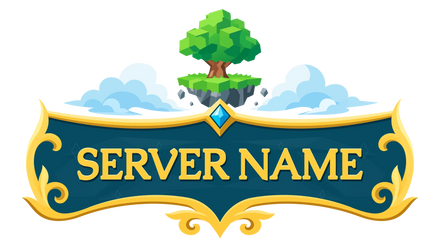 Skyblock server logo with a floating oak island, clouds, cyan gemstone and ornate gold name frame