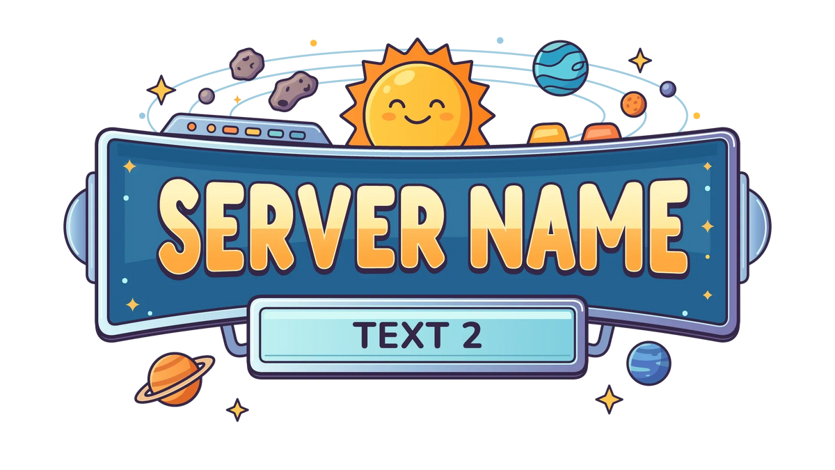 Blue Solar Adventure server logo showing Server Name and Text 2 with a smiling sun and colorful planets