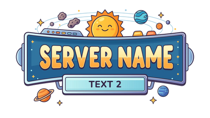 Blue Solar Adventure server logo showing Server Name and Text 2 with a smiling sun and colorful planets
