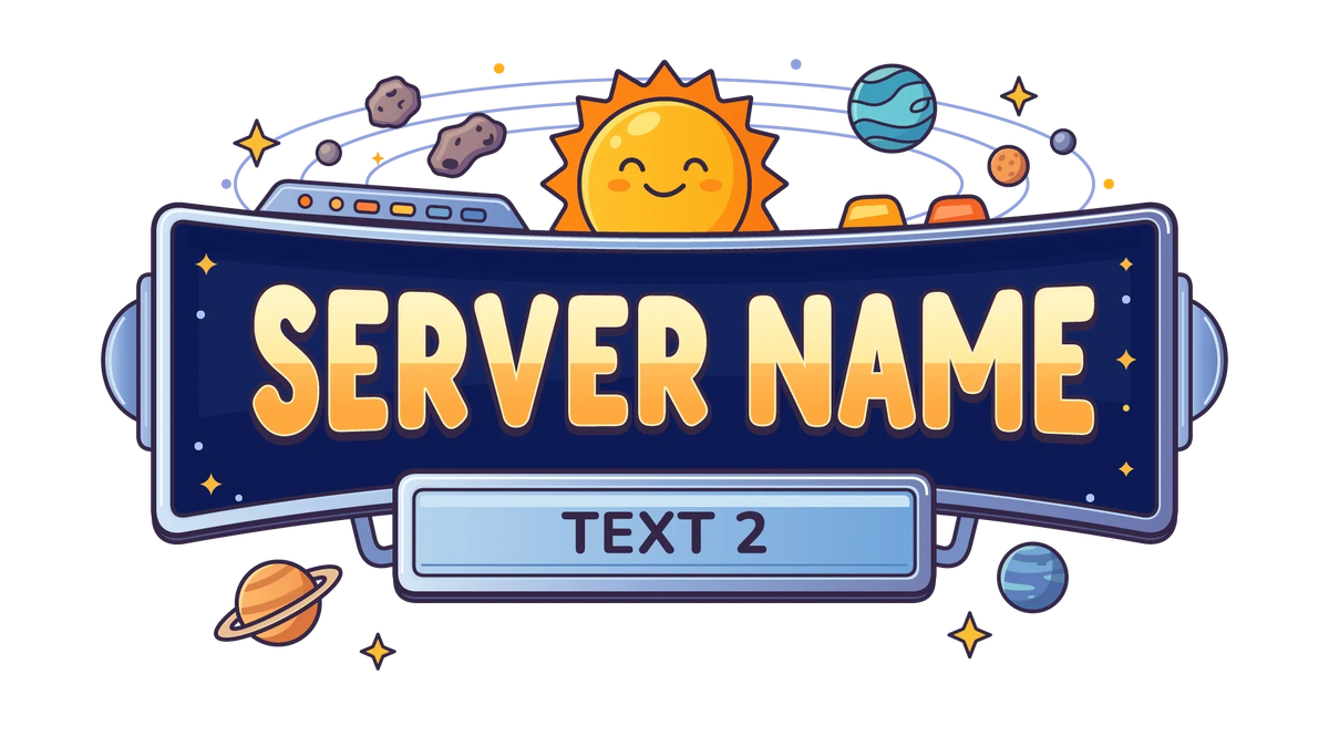 Dark blue Solar Adventure server logo showing Server Name and Text 2 with a smiling sun and colorful planets