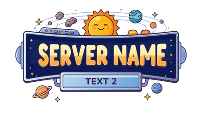 Dark blue Solar Adventure server logo showing Server Name and Text 2 with a smiling sun and colorful planets