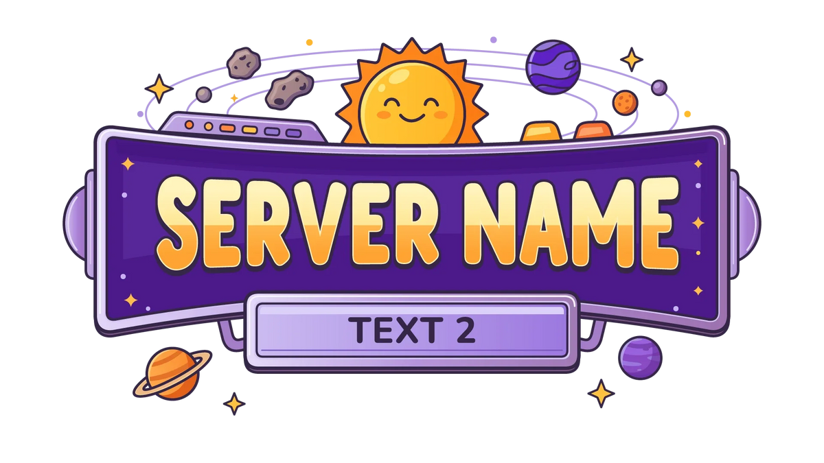 Purple Solar Adventure server logo showing Server Name and Text 2 with a smiling sun and colorful planets